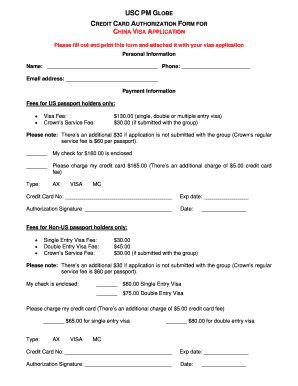 China Visa Application Credit Card Authorization Form