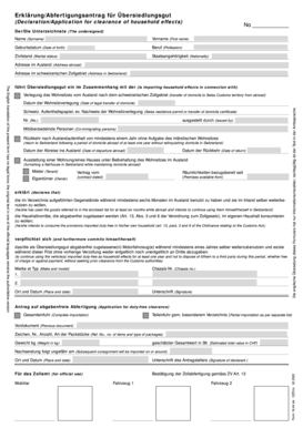 Erklärung/Abfertigungsantrag für Übersiedlungsgut