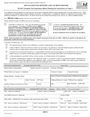 Shasta County Birth Record Application