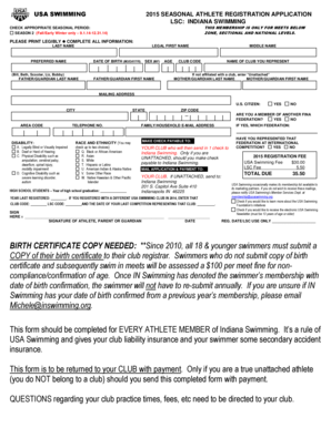 USA Swimming 2015 Seasonal Athlete Registration Application