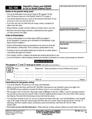 California Small Claims Court Plaintiff’s Claim and Order SC-100