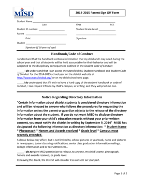 2014-2015 Parent Sign Off Form
