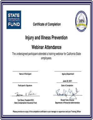 Certificate of Completion for Injury and Illness Prevention Webinar