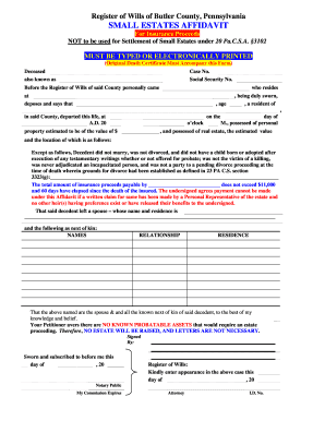 SMALL ESTATE AFFIDAVIT form 2012.doc. sales file directive - co butler pa