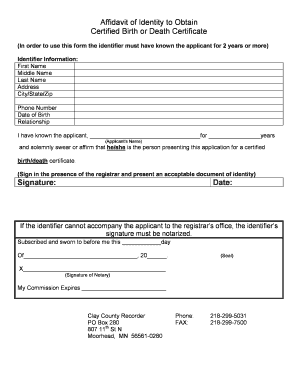 Affidavit of Identity for Birth or Death Certificate