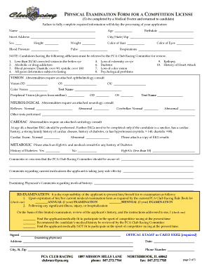 Porsche Club of America Racing License Physical Examination Form