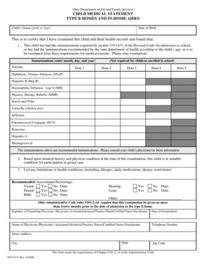 Ohio Child Medical Statement for Type B Homes