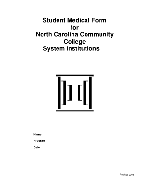 Student Medical Form for North Carolina Community College