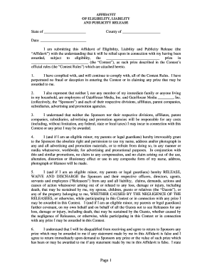 Affidavit of Eligibility, Liability and Publicity Release
