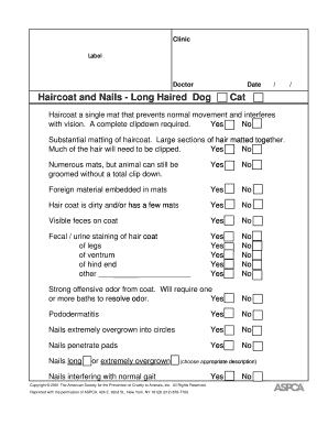 ASPCA Dog and Cat Grooming Assessment Form