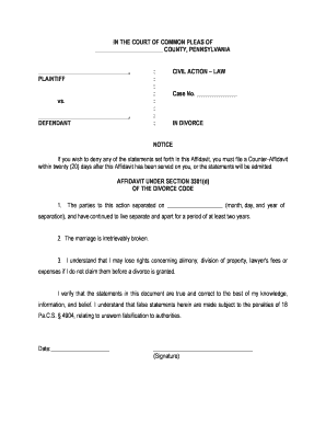 Form 8 Affidavit Under Section 3301(d) of the Divorce Code