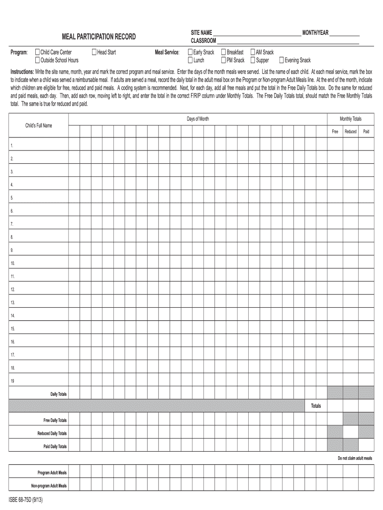 meal participation record Preview on Page 1.