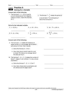 Algebra 1 Lesson Practice A