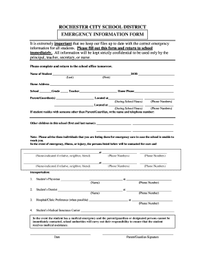 Rochester City School District Emergency Information Form
