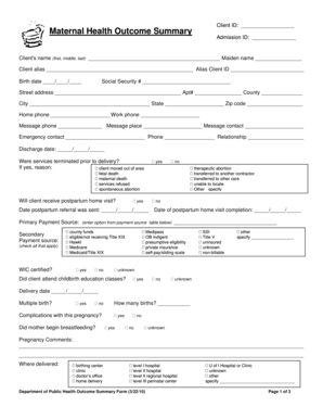 Maternal Health Outcome Summary Form