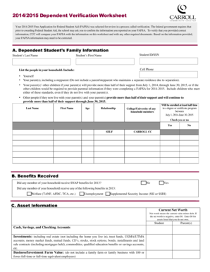 2014-2015 Dependent Verification Worksheet