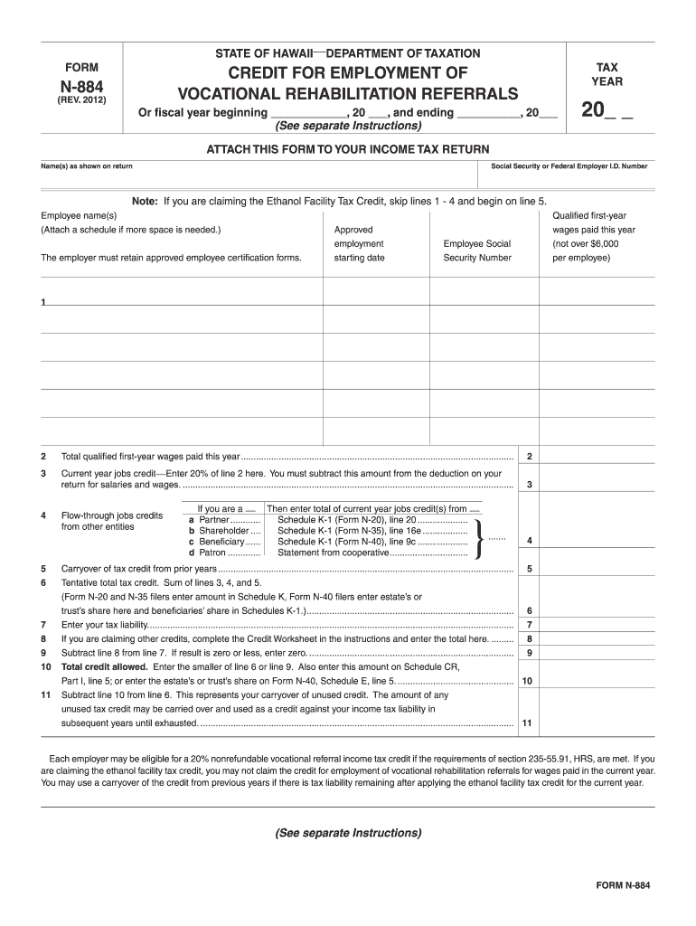 Form N-884, Rev. 2012: Credit for Employment of ... - Hawaii.gov Preview on Page 1