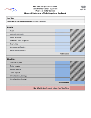 Kentucky Financial Statement of Sole Proprietor Applicant