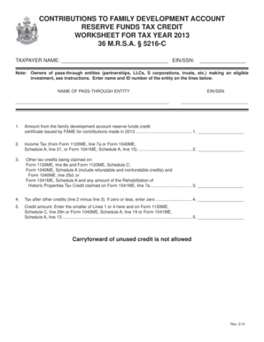 Maine Family Development Account Tax Credit Worksheet