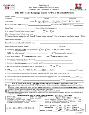 2013-2014 Home Language Survey for PreK-12 School Districts