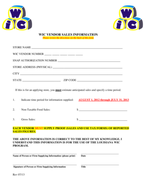 WIC Vendor Sales Information Form
