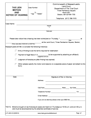 Massachusetts Tax Lien Motion and Notice of Hearing