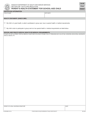 Missouri Parent’s Health Statement for School-Age Child