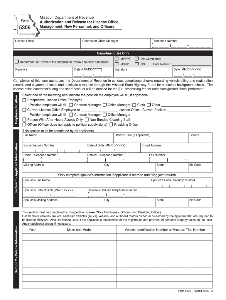 Form 5306 Authorization and Release for License Office Management, New Personnel, and Officers - dor mo Preview on Page 1