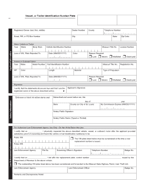 Missouri Form 923 Application for Replacement of Vehicle Identification Number Plate
