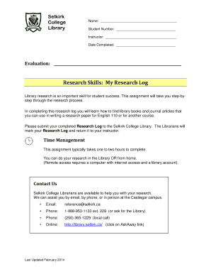 Selkirk College Research Log Form