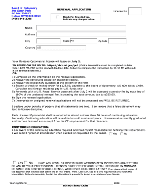 Montana Optometrist License Renewal Application