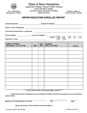 New Hampshire Driver Education Enrollee Report
