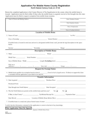 North Dakota Mobile Home County Registration Application