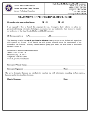 Oklahoma Professional Disclosure Statement