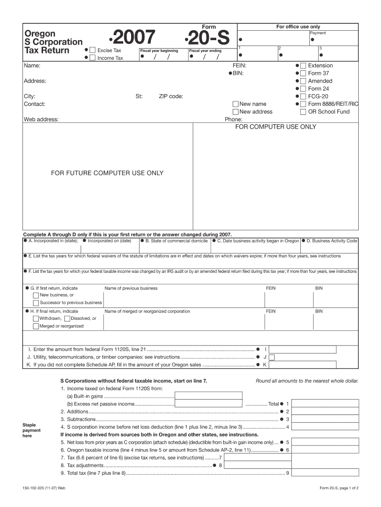 Fillable Online oregon 2007 Form 20-S and Instructions, 150-102-025 ...