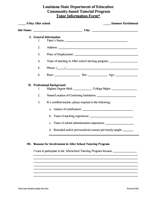 Louisiana Tutor Information Form