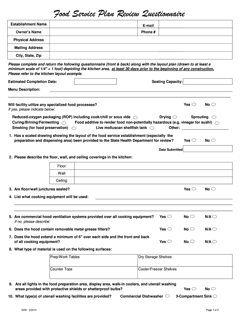 Fillable Online doh sd Food Service Plan Review Questionnaire 2-24-14 ...