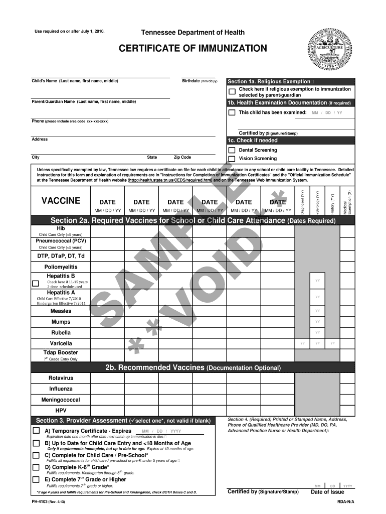 tn certificate of immunization state form Preview on Page 1