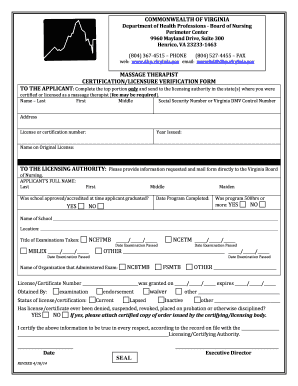 Virginia Massage Therapist Certification Verification Form