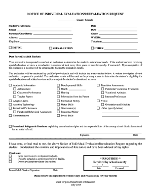 Notice of Individual Evaluation/Reevaluation Request