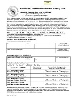 Wisconsin Structural Welding Test Completion Form