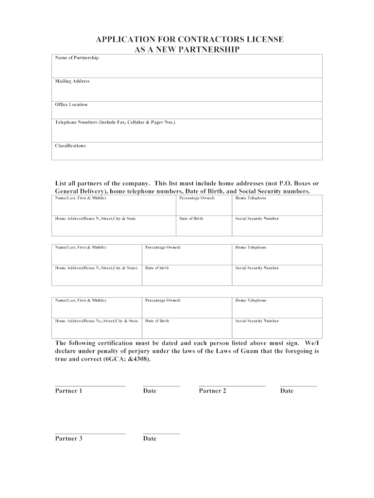 Fillable Online Requirements for Partnership Guam Contractors License Board Fax Email Print