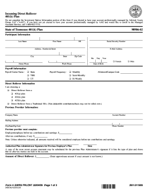 Incoming Direct Rollover Form for Tennessee 401(k) Plan