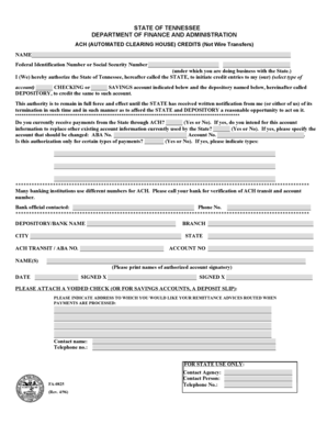 Tennessee ACH Credit Authorization Form