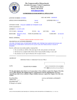 Massachusetts On Premises License Renewal Application