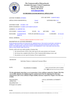 Massachusetts On Premises License Renewal Application