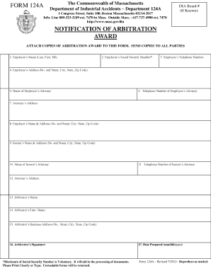 Massachusetts Arbitration Award Notification Form 124A