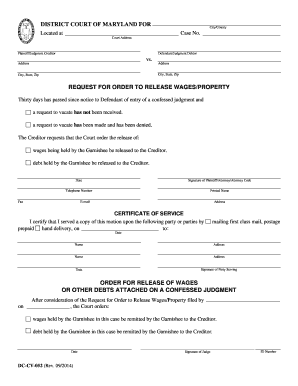 Request for Order to Release Wages/Property