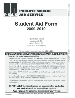 Private School Aid Service Student Aid Form