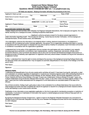 North Country Region Volleyball Consent and Waiver Release Form